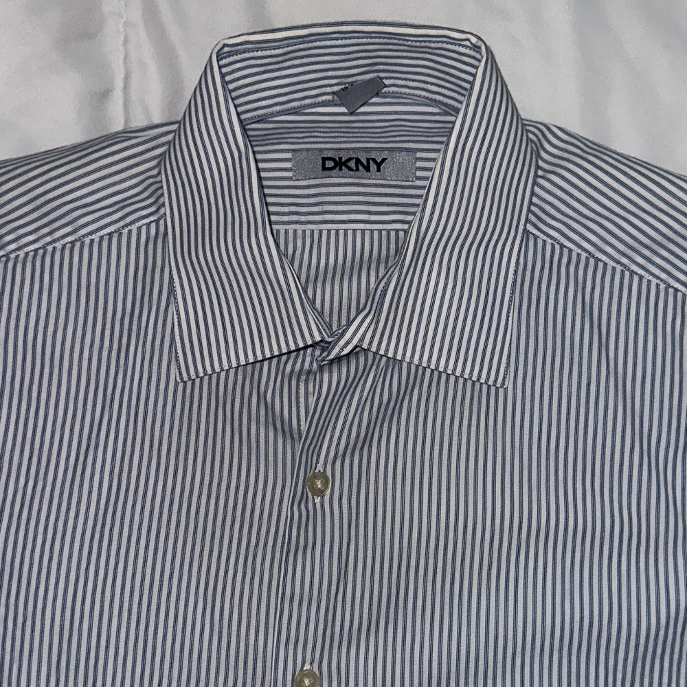 DKNY Men's Striped Dress Shirt in Navy and White